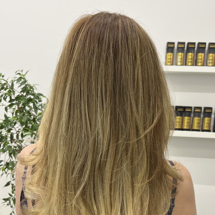 A soft blonde blend on long hair, seen from behind
