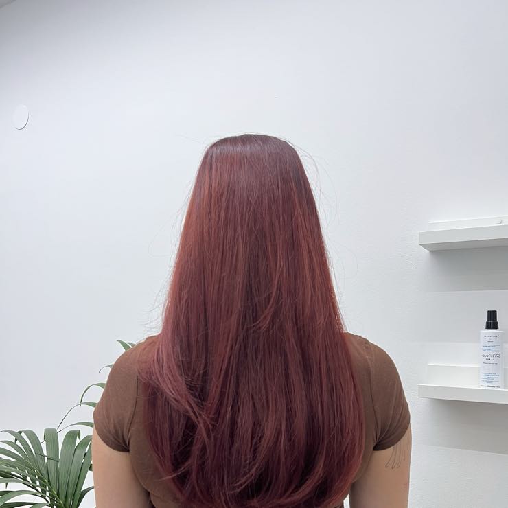 Long hair in a deep burgundy red