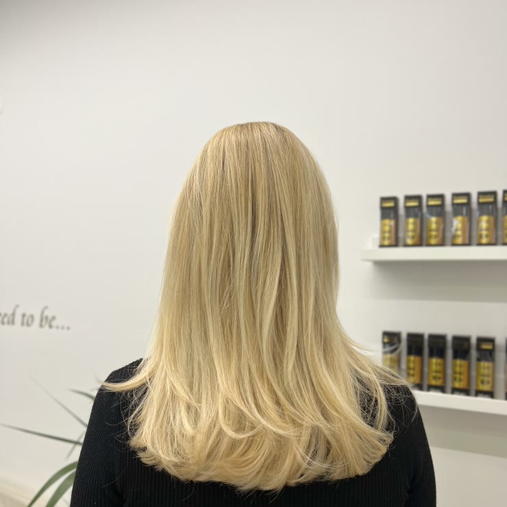 Light highlights on shoulder-length hair, seen from behind