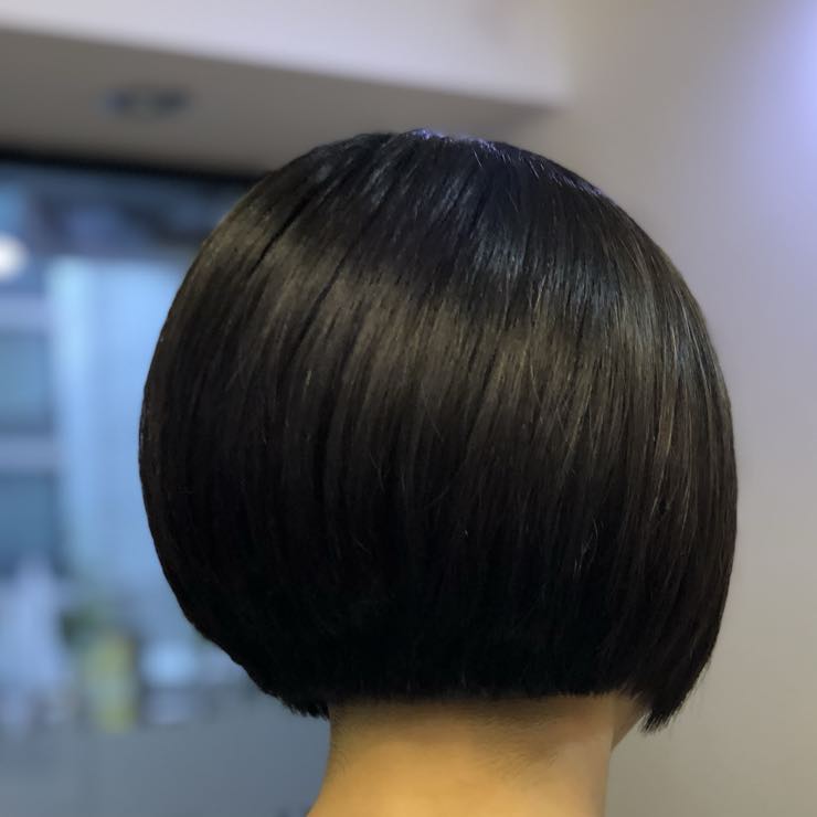 A dark blunt-cut bob, seen from behind